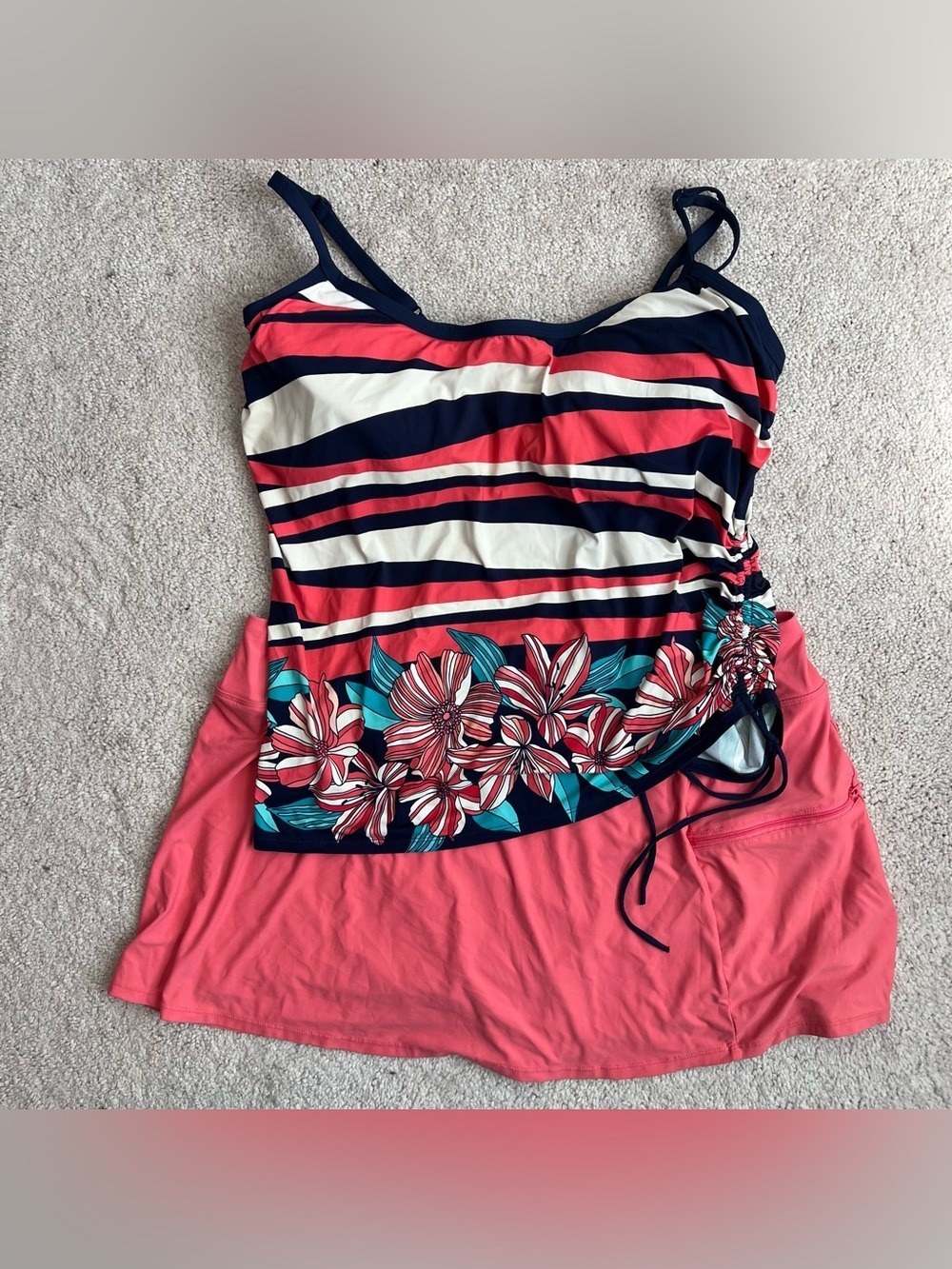 Beach House Swim 18W/20W Navy, Coral & White Striped Floral Camisole w/ Skort